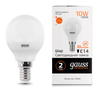 Лампа светодиодная Gauss Elementary LED Globe Шар матовый E14 10W 710lm 3000К, 53110