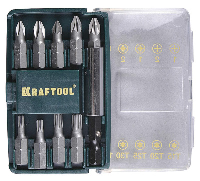 Набор бит Kraftool с магнитным адаптером, Cr-V, 26130-H10 (10 предметов)