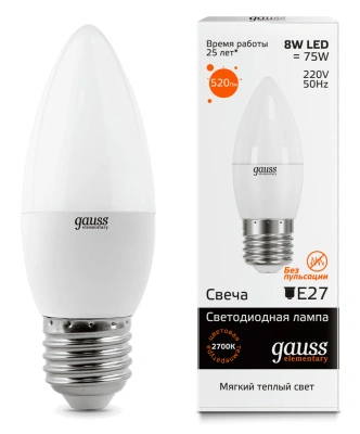Лампа светодиодная Gauss Elementary LED Candle Свеча матовая E27 8W 520lm 2700К, 33218