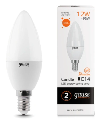 Лампа светодиодная Gauss Elementary LED Candle Свеча матовая E14 12W 880lm 3000К, 33112