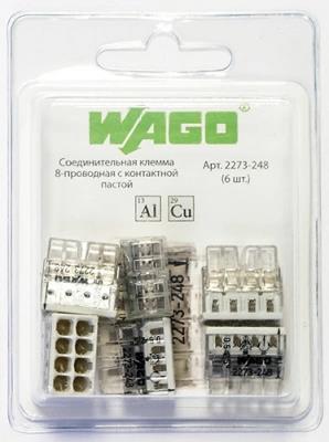 Клеммы 2273-248-6 WAGO 8х(0,5-2,5 мм²) с пастой для безопасного соединения медных и алюминиевых проводов, серый (упаковка 6 шт)