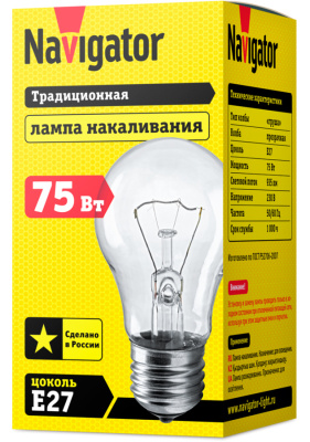 Лампа накаливания Navigator NI-A-75-230-E27-CL прозрачная (ЛОН) A55 75W E27 935lm 3000К, 94301