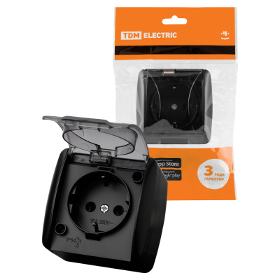 Розетка с заземлением TDM, Селигер, с прозрачной крышкой, 2П+3, открытой установки, 16А, графит купить в отделе магазина Экономстрой