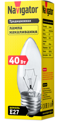 Лампа накаливания Navigator NI-B-40-230-E27-CL свеча прозрачная B35 40W E27 400lm 3000К, 94328