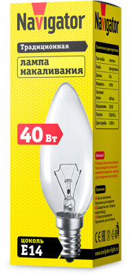 Лампа накаливания Navigator NI-B-40-230-E14-CL свеча прозрачная B35 40W E14 400lm 3000К, 94303