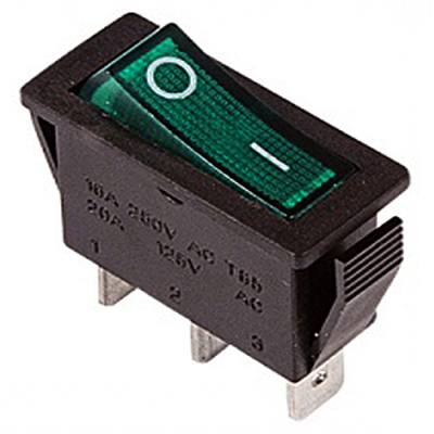 Выключатель клавишный узкий 250 V 15 А (3с) ON-OFF зеленый с подсветкой (RWB-404, SC-791)