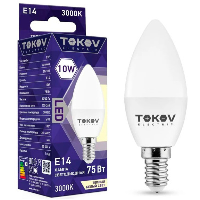 Лампа светодиодная свеча TOKOV ELECTRIC, Е14, 10 Вт, С37, 3000К, 176-264 В купить в отделе магазина Экономстрой