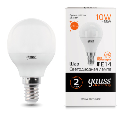 Лампа светодиодная Gauss Elementary LED Globe Шар матовый E14 10W 710lm 3000К, 53110 купить в отделе магазина Экономстрой