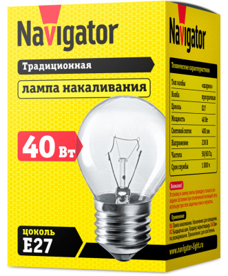 Лампа накаливания Navigator NI-C-40-230-E27-CL шарик прозрачный P45 40W E27 400lm 3000К, 94310