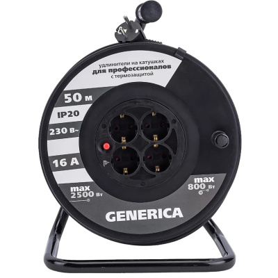 Катушка Generica УК50 с термозащитой, 4 гнезда, 2Р+РЕ/50 м, 3 х1,5 мм2, IP20