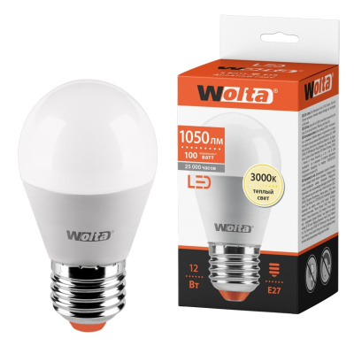 Лампа светодиодная Wolta LED G45 25Y45GL12E27 / E27, шар, 12 Вт, 1050lm 3000К купить в отделе магазина Экономстрой