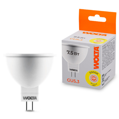 Лампа светодиодная Wolta LED MR16 25YMR16-220-7.5GU5.3 / GU5.3, 7,5 Вт, 625lm 3000K
