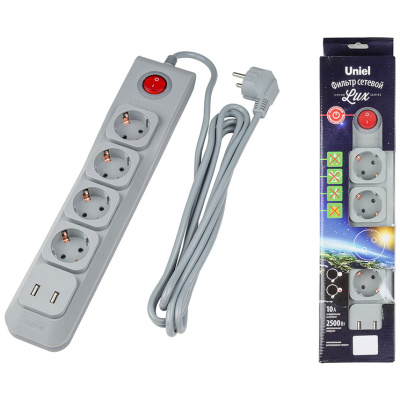 Cетевой фильтр Uniel, S-GSL5-3U, серия Lux, Пвс 3x0.75, 4 гнезда, с заземлением, 1USB1A, 10А, Grey, 3 м купить в отделе магазина Экономстрой