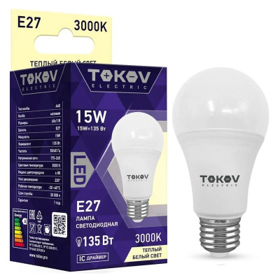 Лампа светодиодная груша TOKOV ELECTRIC, Е27, 15 Вт, А60, 3000К, 176-264 В купить в отделе магазина Экономстрой