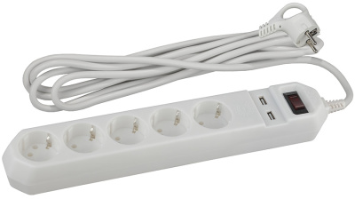 Сетевой фильтр USF-5es-1.5m-USB-W, 5 гнезд с заземлением + 2 USB, 1,5 м ЭРА