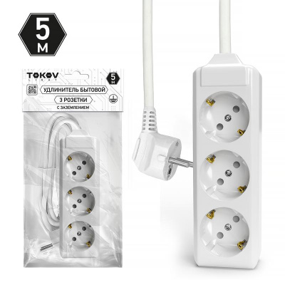 Удлинитель сетевой Tokov 5 м, 3 розетки с заземлением, 10А, ПВС 3х1,5 купить в отделе магазина Экономстрой