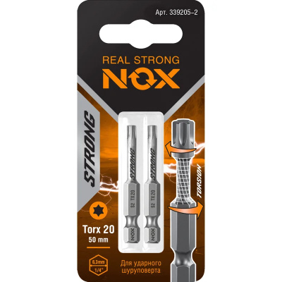 Бита торсионная E 6,3 TX20х50 мм, Nox Strong, S2, 339205-2 (2 шт/карта)
