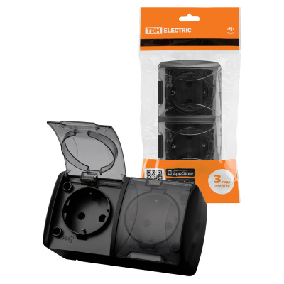 Розетка двойная с заземлением TDM, Селигер, с прозрачной крышкой, 2П+3, открытой установки, 16А, графит купить в отделе магазина Экономстрой