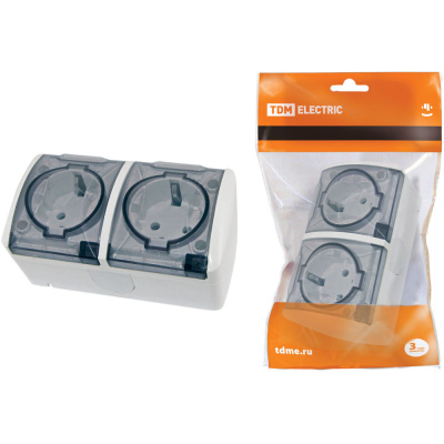 Розетка двойная с заземлением TDM, Селигер, с прозрачной крышкой, 2П+3, открытой установки, 16А, белый купить в отделе магазина Экономстрой