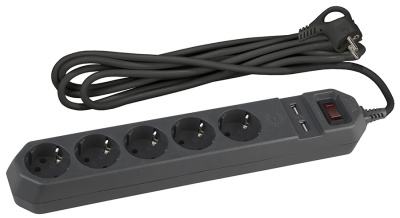 Сетевой фильтр USF-5es-1.5m-USB-W, 5 гнезд с заземлением + 2 USB, 1,5 м ЭРА