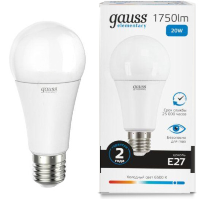 Лампа светодиодная Gauss Elementary LED Груша матовая E27 А60 20W 1750lm 6500К, 2059726 купить в отделе магазина Экономстрой