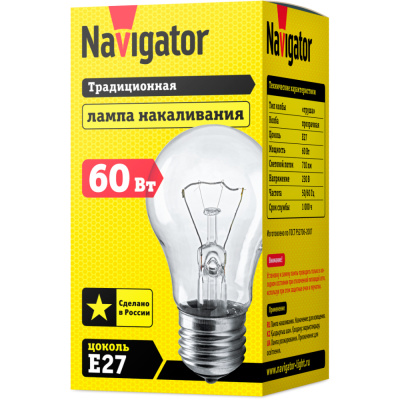 Лампа накаливания Navigator NI-A-60-230-E27-CL прозрачная (ЛОН) A55 60W E27 710lm 2700К, 94300 купить в отделе магазина Экономстрой