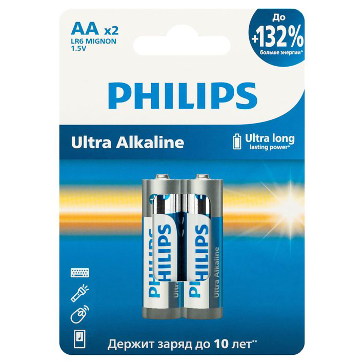 Батарейка алкалиновая Philips Ultra Alkaline LR6-2BL / АА, 1,5V (2 шт) купить в отделе Батарейки магазина Экономстрой