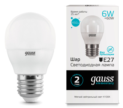 Лампа светодиодная Gauss Elementary LED Globe Шар матовый E27 6W 450lm 4100К, 53226