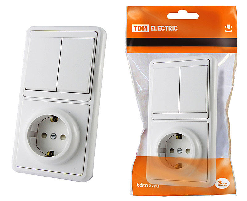 Блок вертикальный розетка с заземлением + 2 клавишный выключатель, белый, ТДМ SQ1813-0002 купить в отделе Блоки розетка + выключатель магазина Экономстрой