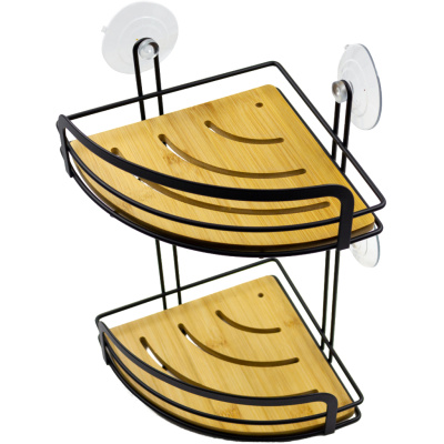 Полка для ванной угловая, 2-ярусная, на присосках, сталь/бамбук, черный купить в отделе магазина Экономстрой
