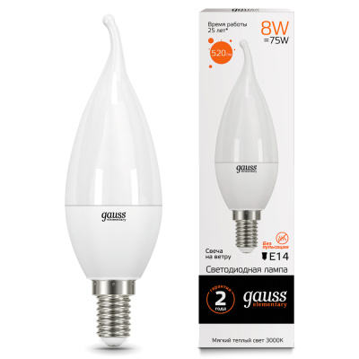 Лампа светодиодная Gauss Elementary LED Candle Tailed Свеча матовая на ветру E14 8W 520lm 3000К, 34118