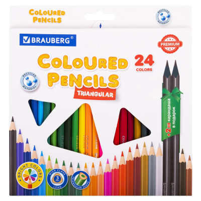 Карандаши цветные Brauberg Premium, 24 цвета + 2 чернографитных карандаша, трехгранные, грифель 3 мм, 181937 купить в отделе магазина Экономстрой