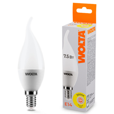 Лампа светодиодная Wolta LED С37 25YCD7.5E14 / E14, свеча на ветру, 7,5 Вт, 625lm 3000K купить в отделе магазина Экономстрой
