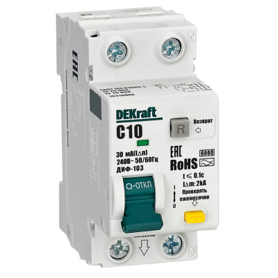 Дифференциальный автомат Dekraft (АВДТ), 1P+N, 10А, C, 6 kA, 30 мA, тип AС, ДИФ-103, 16310DEK купить в отделе магазина Экономстрой