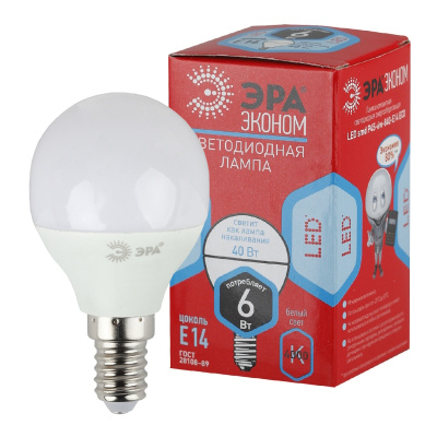 Лампа светодиодная Эра Red Line LED P45-6W-840-E14 R E14 / Е14, шар, 6 Вт, 480lm 4000К, Б0052443 купить в отделе магазина Экономстрой