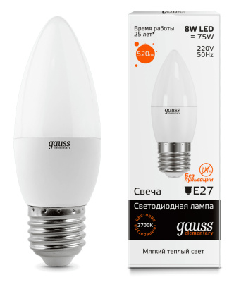Лампа светодиодная Gauss Elementary LED Candle Свеча матовая E27 8W 520lm 2700К, 33218 купить в отделе магазина Экономстрой