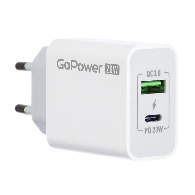 Сетевое зарядное устройство GoPower, 1USB+1, Type-C, 20W, адаптер, белый
