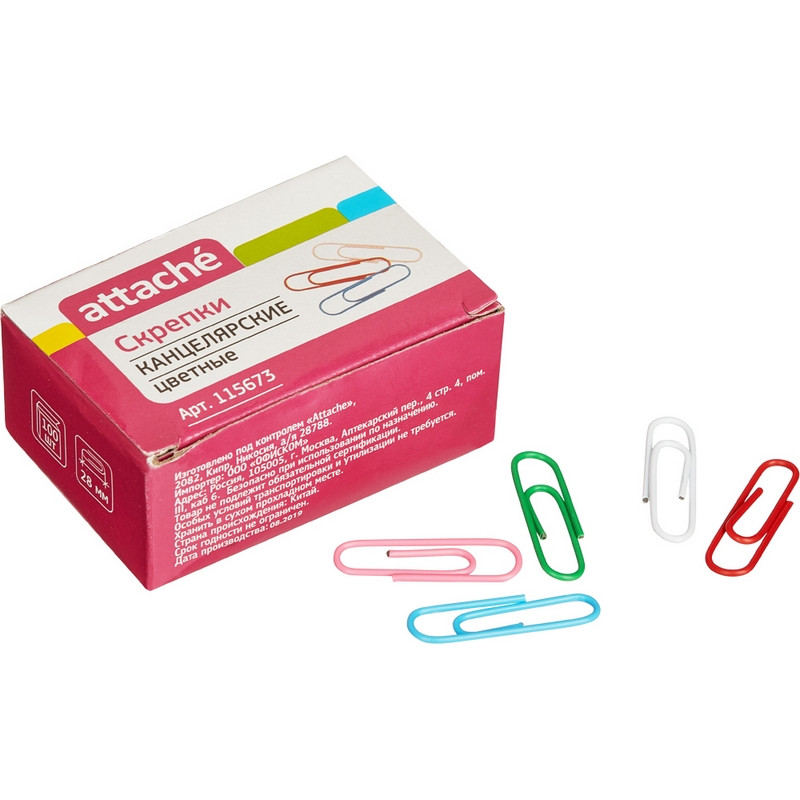 Скрепки Attache цветные, 28 мм, полимер, 100  штук в картонной упаковке 115673, 96886 купить в отделе Карандаши, фломастеры, краски магазина Экономстрой