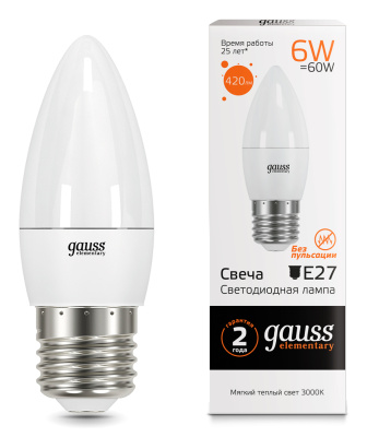 Лампа светодиодная Gauss Elementary LED Candle Свеча матовая E27 6W 420lm 3000К, 33216
