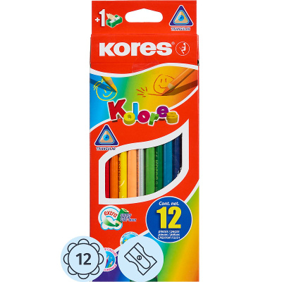 Карандаши цветные, точилка Kores, 12 цветов, 3 гранные