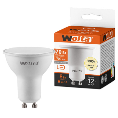 Лампа светодиодная Wolta LED MR16 25YPAR16-230-8GU10 / GU10, 8 Вт, 700lm 3000K