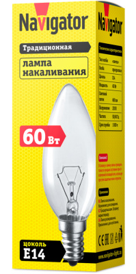 Лампа накаливания Navigator NI-B-60-230-E14-CL свеча прозрачная B35 60W E14 660lm 3000К, 94304