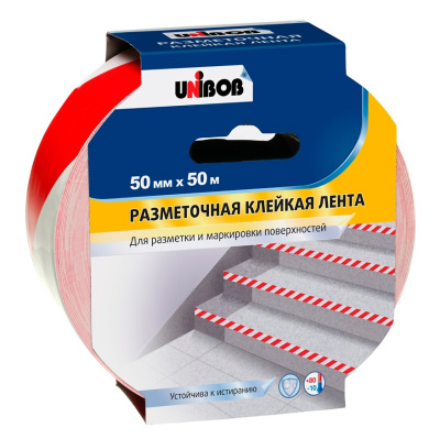 Клейкая лента разметочная &quot;UNIBOB&quot; 50 мм х 50 м, красно-белая