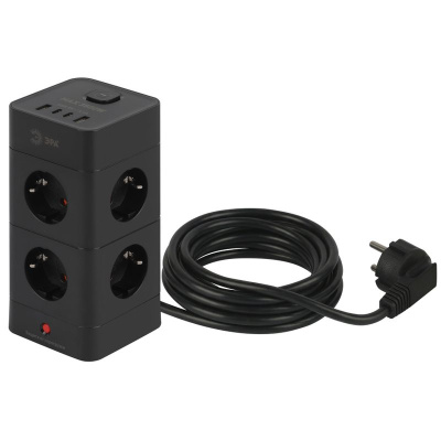 Удлинитель сетевой Эра TWR-8es-1,5m-4USB-B с заземлением с выключателем, 8 розеток+4xUSBA+C, 1,5 м, 16А, черный купить в отделе магазина Экономстрой