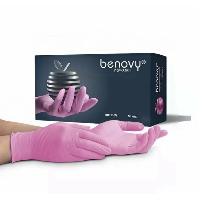 Перчатки нитриловые текстурированные на пальцах Benovy, розовые, размер М (50 пар) купить в отделе магазина Экономстрой