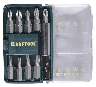 Набор бит Kraftool с магнитным адаптером, Cr-V, 26130-H10 (10 предметов) купить в отделе магазина Экономстрой