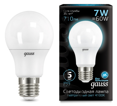 Лампа светодиодная Gauss LED ЛОН А60 матовая E27 7W 710lm 4100К, 102502207