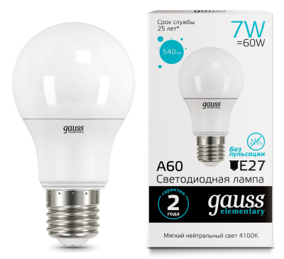 Лампа светодиодная Gauss Elementary LED ЛОН А60 матовая E27 7W 540lm 4100К, 23227A