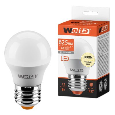 Лампа светодиодная Wolta LED G45 25Y45GL7.5E27 / E27, шар, 7,5 Вт, 625lm 3000К купить в отделе магазина Экономстрой