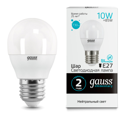 Лампа светодиодная Gauss Elementary LED Globe Шар матовый E27 10W 730lm 4100К, 53220